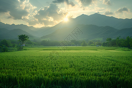 水稻田地翠绿的稻田背景