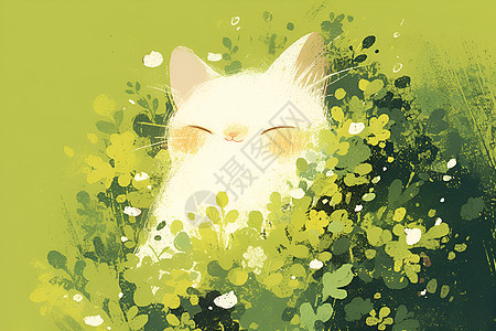 绿叶丛中的白猫图片