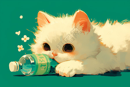 可爱的白猫和瓶子玩耍图片