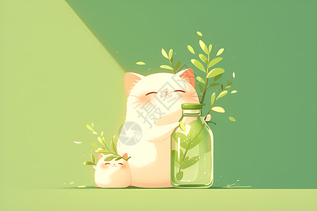 猫咪和植物插画图片