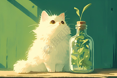 白色猫咪和植物图片
