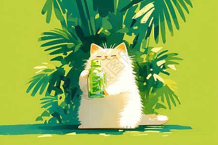 可爱的白猫拿着瓶子图片