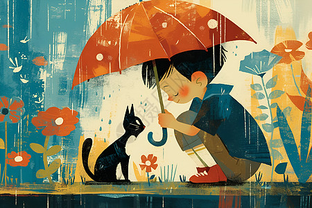 小男孩与小猫共享雨伞图片