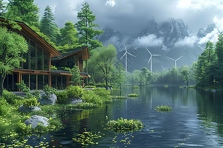 山水之间的绿色能源高清图片
