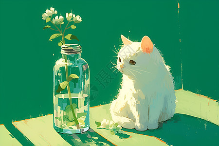优雅的白猫与瓶子图片