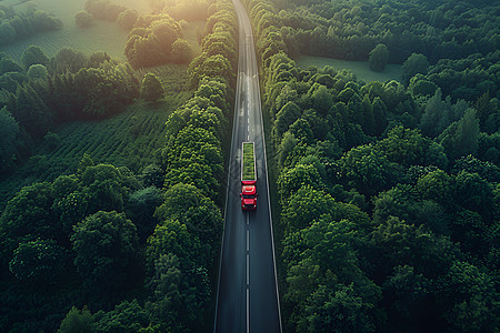 红色卡车穿过森林图片