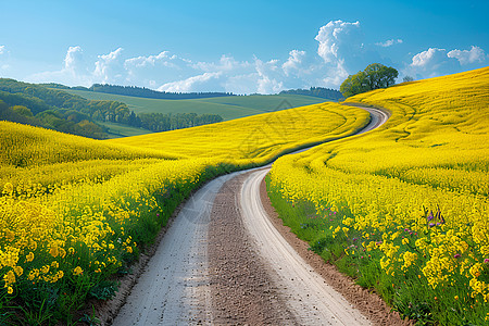 道路建设田园小路与黄色花海背景