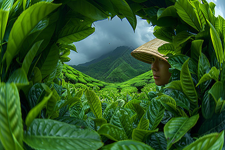 绿色茶叶中的茶农图片