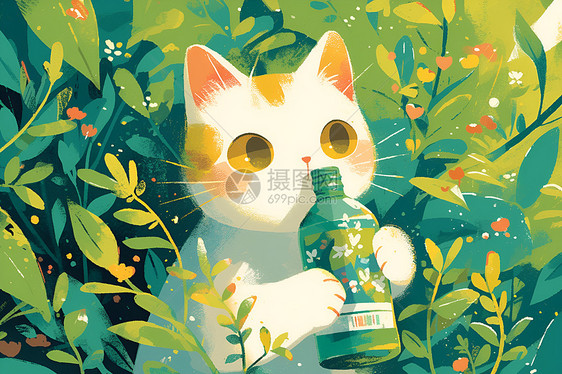 可爱猫咪握着瓶子图片