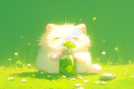 草地上的小白猫图片