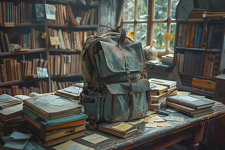 桌上的书籍和背包图片