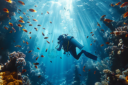 海底珊瑚礁下的潜水员图片