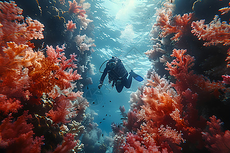 珊瑚礁下的自由潜水员图片