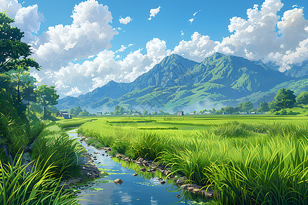 山脉下的稻田图片