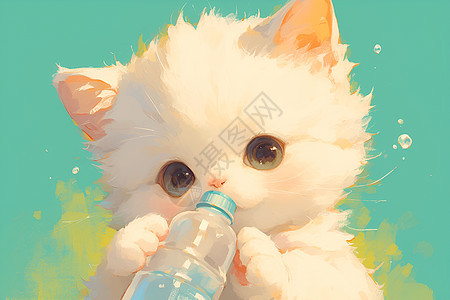 白色小猫拿着水瓶图片