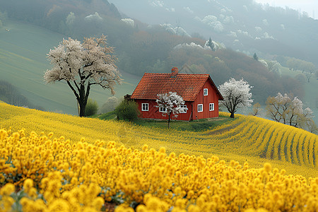 山谷中的房屋和花卉图片