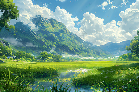 山脉中的绿色稻田图片