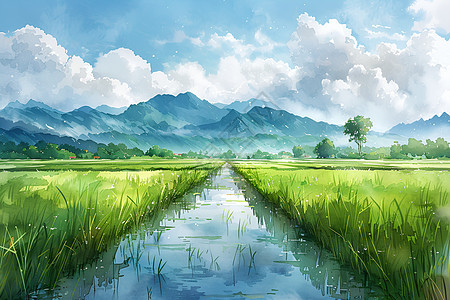 山谷中的绿色稻田图片