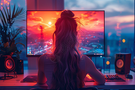 女子坐在电脑前图片