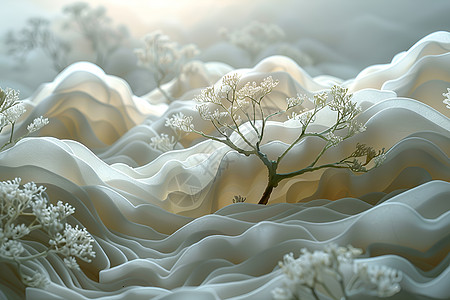 白色布褶皱中的花树图片