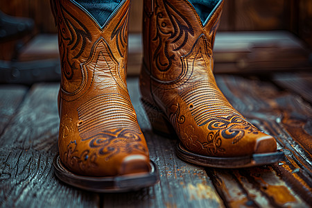 t字鞋素材一双牛仔靴在原木地板上背景