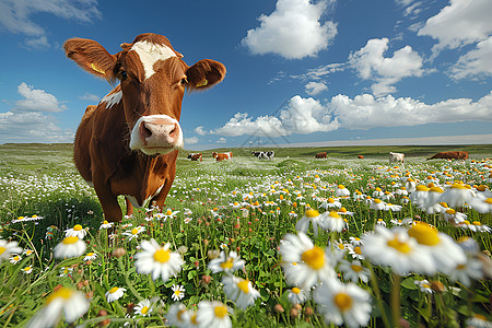 草地花海里的奶牛图片
