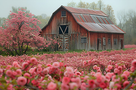 粉色花海间的木头农舍图片