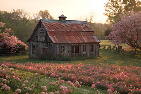 农舍与粉红花海图片