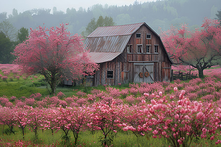 木头房子掩映在粉色花海里图片