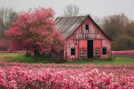 粉色花海中的红色农舍图片