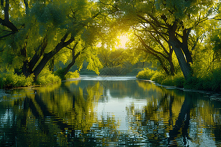 池塘上的柳树图片