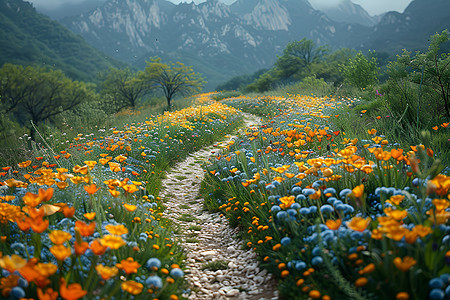 乡村小路上的花海图片