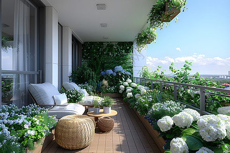 阳台上美丽的绣球花图片