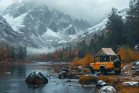 山地露营山地湖畔露营之旅背景