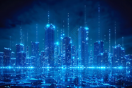 高楼建筑蓝色的虚拟城市插画