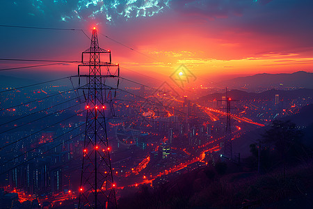 日落时的城市与电信塔图片