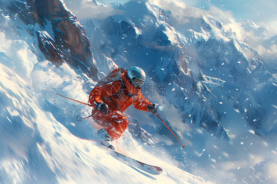 一名滑雪者在雪山上图片