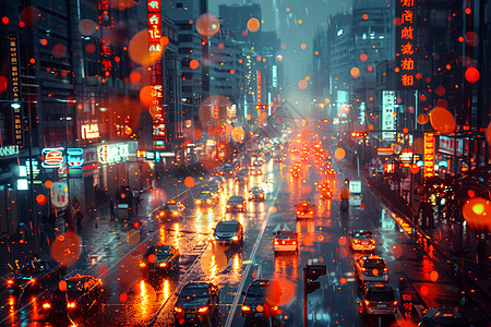 雨巷中的繁忙街景图片