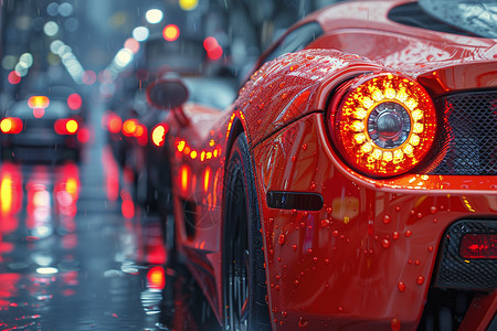 红色空间背景暴雨中的红色赛车设计图片