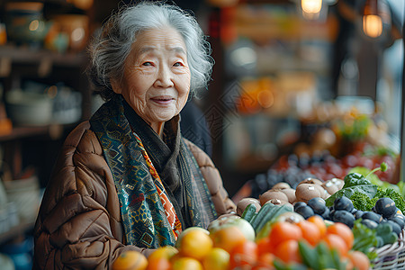 老年妇女在水果摊前图片