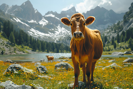 河边草地上的牛图片