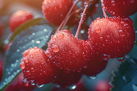 沾满雨珠的樱桃图片