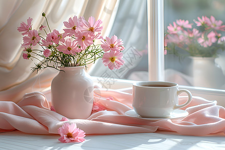 花和桌子上的咖啡杯图片