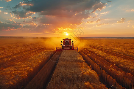 日落时分农田的拖拉机图片