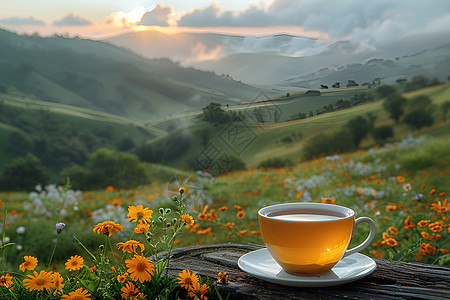 一杯茶在花海中图片