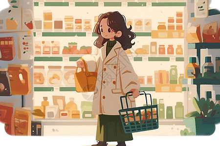仓储超市货架前的女士插画