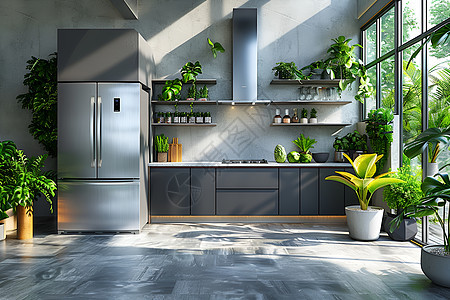 厨房的绿植和冰箱图片
