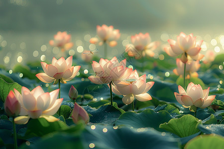 池塘盛开的粉色荷花图片