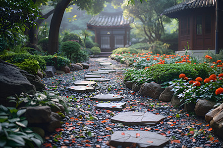 花园里的石板路图片