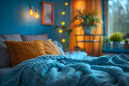 绿植盆栽卧室里的枕头背景